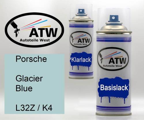Porsche, Glacier Blue, L32Z / K4: 400ml Sprühdose + 400ml Klarlack - Set, von ATW Autoteile West.